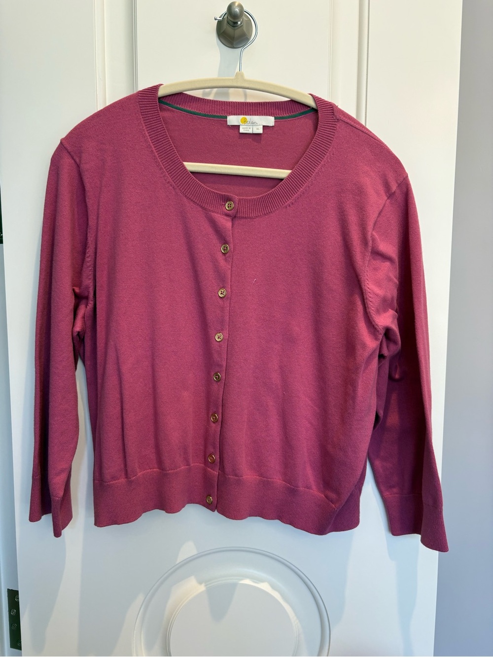 Boden Raspberry Pink Crewneck Button-Front Cardigan